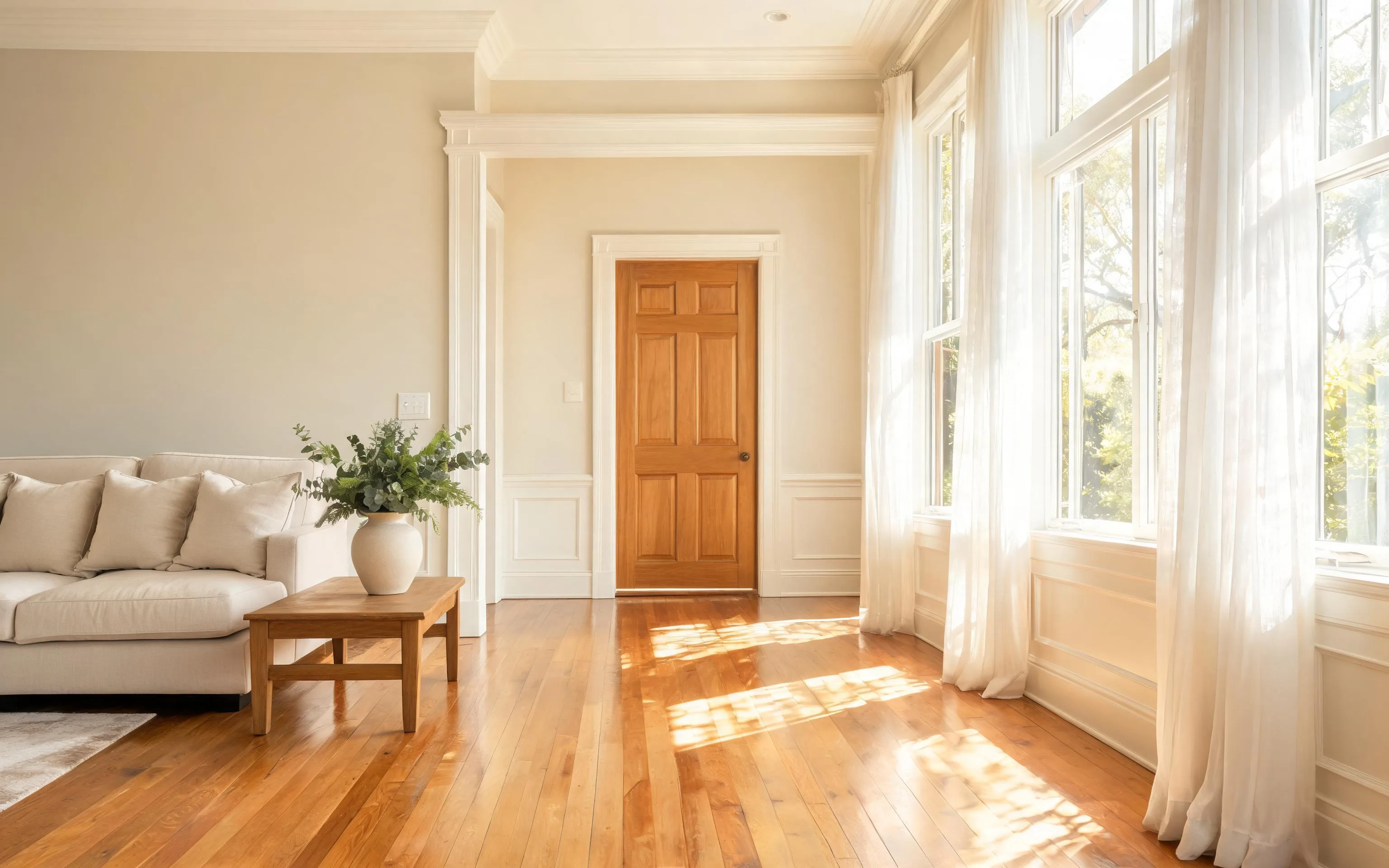 Sunlit Birmingham living room with clean wood floors, an uncluttered sofa and light through tall windows