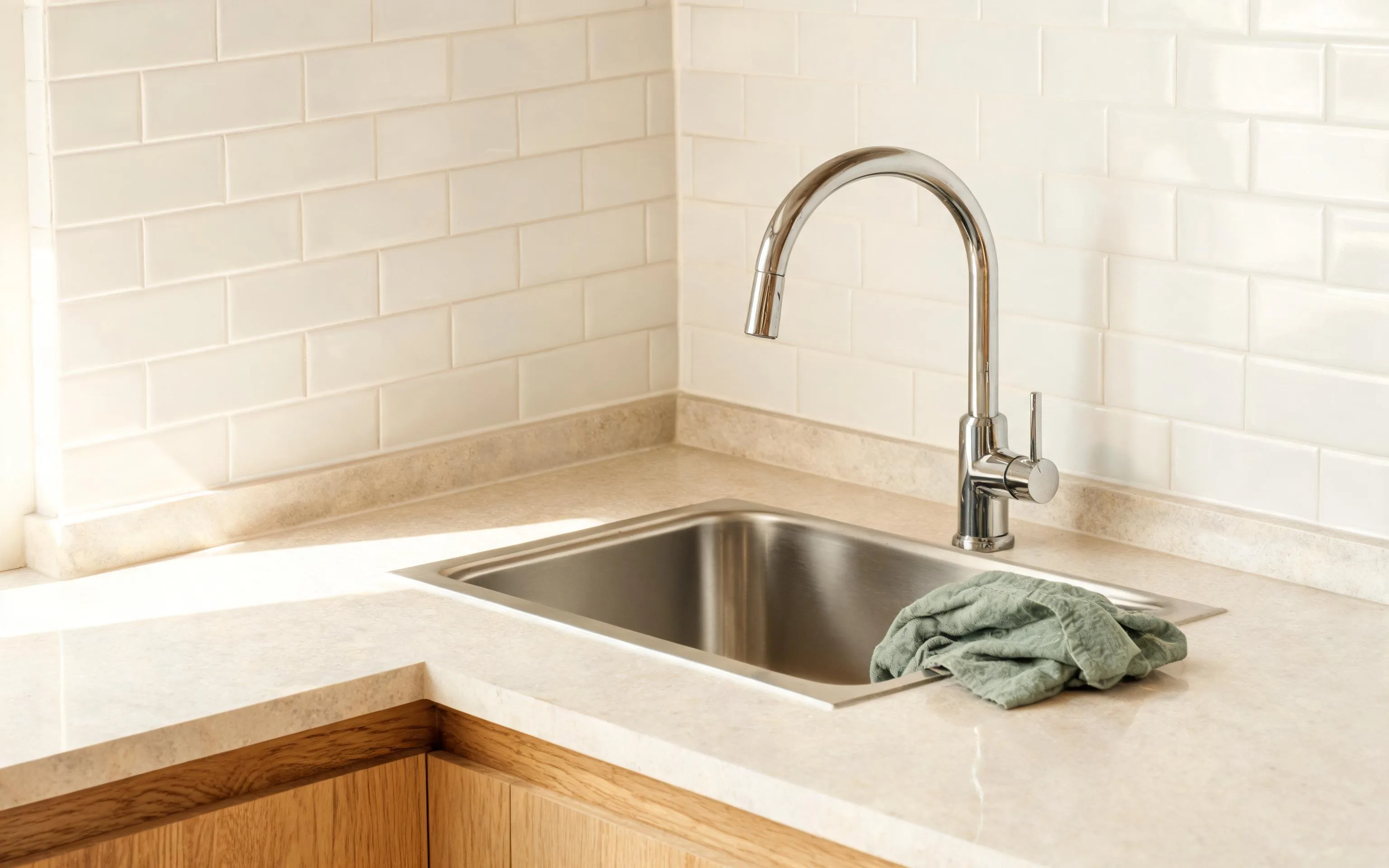 Close view of a spotless tiled kitchen backsplash and clean grout lines above a polished counter