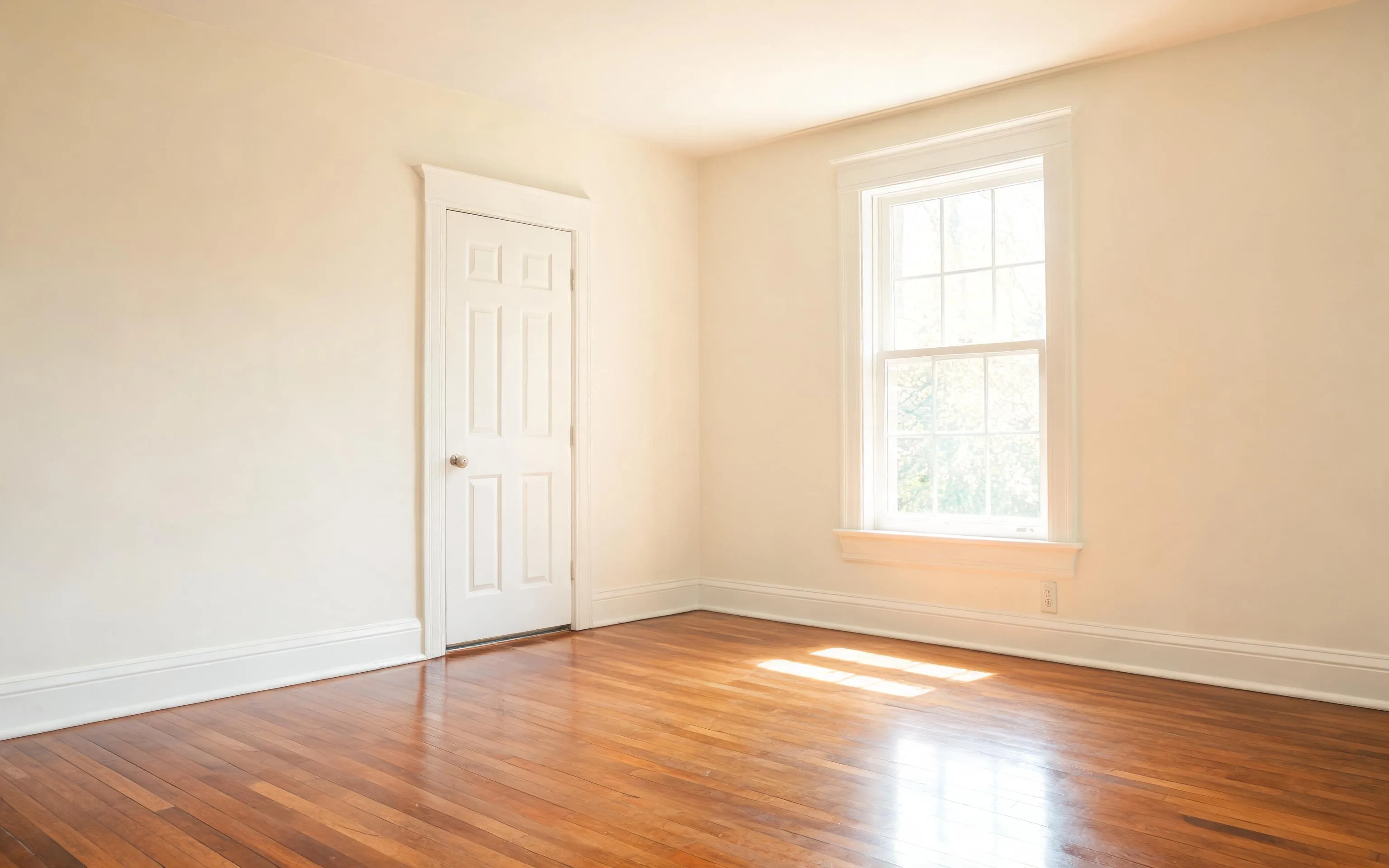 Empty room with bare polished floorboards, clean white walls and light from an uncovered window