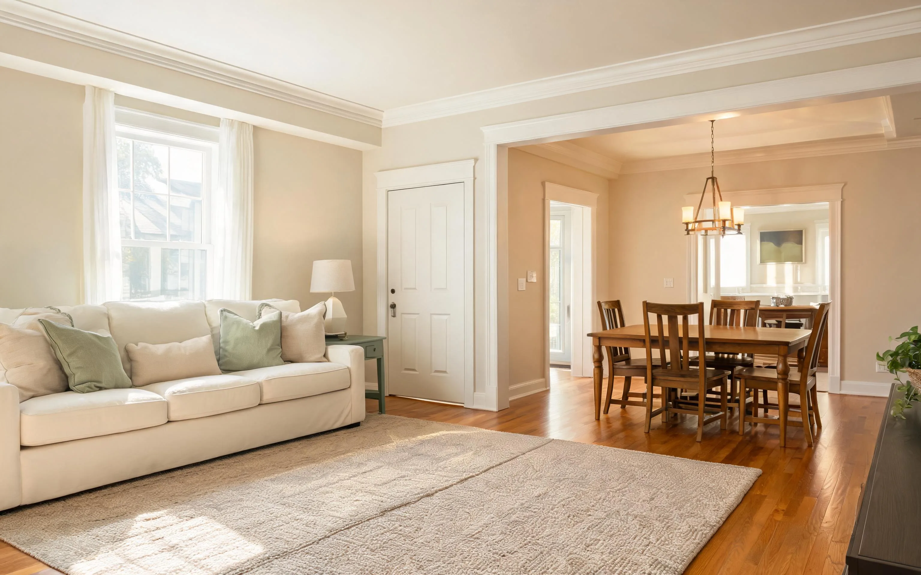Bright, tidy living room with clean floors and made furniture